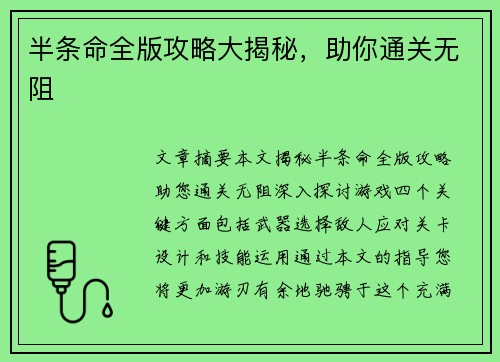 半条命全版攻略大揭秘，助你通关无阻